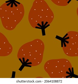 Cute modern berry seamless pattern for fabric design. Hand-drawn repeat background with strawberry on brown background.