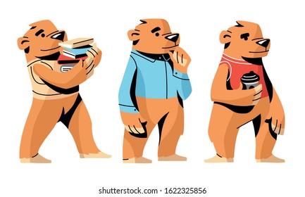 Cute modern brown bears in everyday human life vector illustration