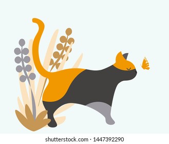 Cute modern cat illustration vector. Minimal elegant graphic design.