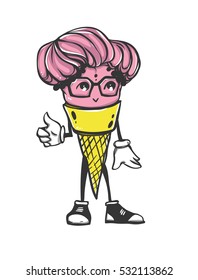 Cute modern character. Ice cream girl hipster. Ice cream in the glasses. It Can Be Used For Printing On T-Shirts Or Ideas For Tattoos.
