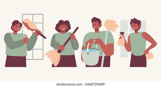 Cute modern characters cleaning set isolated vector illustration
