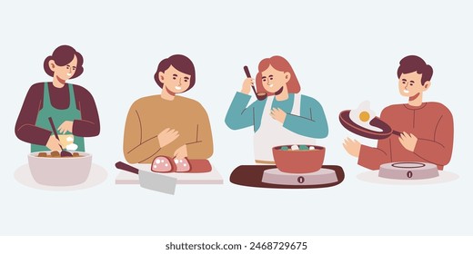 Cute personajes modernos conjunto de cocina Ilustración vectorial aislada