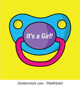 cute & modern colorful clean pacifier illustration vector with text on it - it's a Girl with black outline or line for little tiny sweet female. for new born child or kid on a glow yellow background.