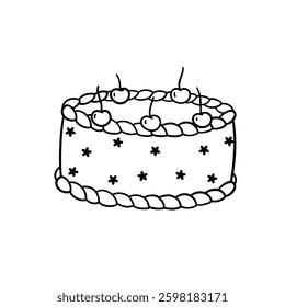 Cute modern coquette cake with whipped cream and cherries, vector illustration, cake line art