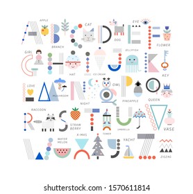 Cute modern and creative alphabet. Letters and words. Learn to read. Isolated.