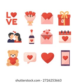 Ein süßes und modernes Valentinstag-Icon-Set mit Elementen zum Thema Liebe, wie Herzen, Geschenkboxen, Umschlägen, Blumen, Paaren, Teddybären, Smartphones und romantischen Nachrichten. Entworfen in einem flachen, farbenfrohen und freundlichen Illustrationsstil, perfekt für Valentinstag-Promotionen, Grußkarten, Social-Media-Beiträge, mobile Apps, Websites, Poster, Aufkleber und romantische Designprojekte.