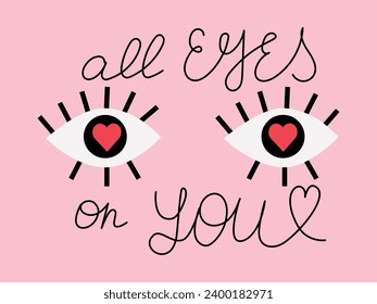 Carta moderna de diseño o afiche con ojos enamorados en el día de San Valentín, para una cita u otra ocasión romántica. Elementos aislados en un fondo rosa