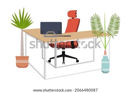 Cute modern desk for home office freelancer with chair L shape table with house plants laptop pc computer Photo stock © 