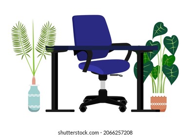 Cute modern desk with table and modern chair laptop computer plants for home office isolated
