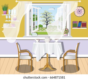 Cute modern dining room interior design with table, chairs, large window and shelves with books and dishes. Flat style vector illustration.