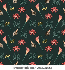 Cute modern floral seamless pattern with cosmos, and tulip flowers. Floral pattern for wallpaper, backdrop, wrapping paper, fabric pattern.