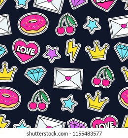 Cute modern girly seamless colorful pattern of fashion patches: crown, diamond, love letter, heart, donut, star, cherry, lightning. Background of cartoon stickers and patches. Vector illustration