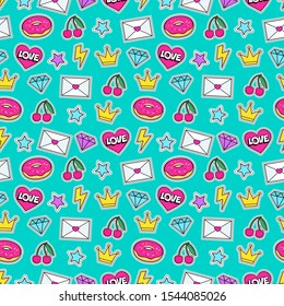 Cute modern girly seamless colorful pattern of fashion patches: crown, diamond, love letter, heart, donut, star, cherry, lightning. Background of cartoon stickers and patches. Vector illustration