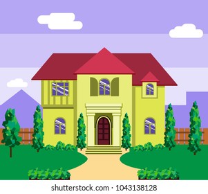 Cute modern graphic cottage house with trees, flowers, bench and city background. Detailed private house set. Flat style vector illustration.