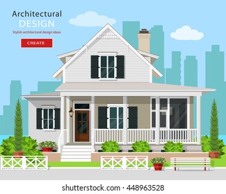 Cute modern graphic cottage house with trees, flowers, bench and city background. Detailed private house set. Flat style vector illustration.