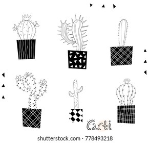 Cute and modern hand drawn cactus plants in black and white i flowering pots with different geometric shapes