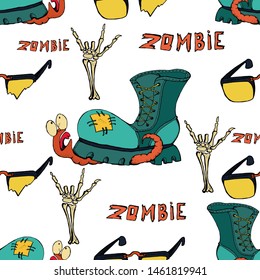 Cute modern hand drawn patterns for teens with a zombie and skeleton bones. Seamless backgrounds for the design of textiles, phone covers, web sites, gift wrapping, notebooks, t-shirt, prints.