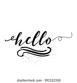 Cute and modern Hello saying greeting card template with hand lettered message, hand drawn dots texture background, black and white.