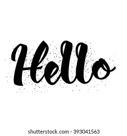 Cute and modern Hello saying greeting card template with hand lettered message, hand drawn dots texture background, black and white.