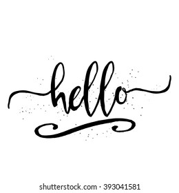 Cute and modern Hello saying greeting card template with hand lettered message, hand drawn dots texture background, black and white.