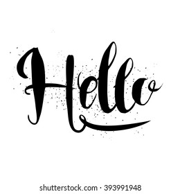 Cute and modern Hello saying greeting card template with hand lettered message, hand drawn dots texture background, black and white.