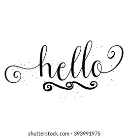 Cute and modern Hello saying greeting card template with hand lettered message, hand drawn dots texture background, black and white.