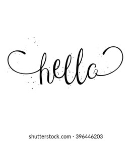 Cute and modern Hello saying greeting card template with hand lettered message, hand drawn dots texture background, black and white.