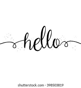 Cute and modern Hello saying greeting card template with hand lettered message, hand drawn dots texture background, black and white.