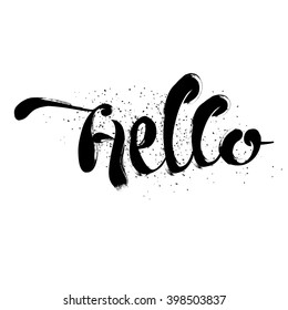 Cute and modern Hello saying greeting card template with hand lettered message, hand drawn dots texture background, black and white.