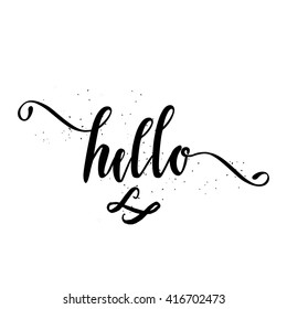 Cute and modern Hello saying greeting card template with hand lettered message, hand drawn dots texture background, black and white.