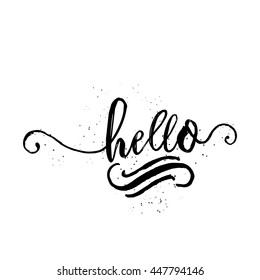 Cute and modern Hello saying greeting card template with hand lettered message, hand drawn dots texture background, black and white.