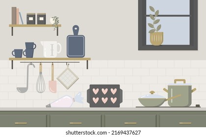 Cute and modern kitchen in trendy colors! Forest green cabinets with brass handles accompanied with beige subway tile. Open shelfs with decoration.
Check the matching pattern, too!