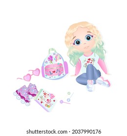 A cute modern little girl with green hair is sitting. Nearby there is a youth backpack, roller skates and a notebook. Vector illustration in cartoon childish style
