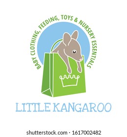 Cute and modern logo design featuring a little kangaroo in a shopping bag, laying as it would be in its mother pouch. A little crown decorates the bag.