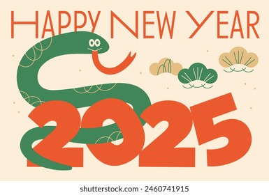 Bonita y moderna tarjeta de Año Nuevo para el Año de la Serpiente 2025
