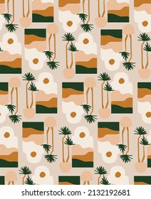 Cute Modern Palm Tree With Sunset Scene With Mountain Through Window Semaless Pattern Vector EPS10,Design For Fashion , Fabric, Textile, Wallpaper, Cover, Web , Wrapping And All Prints 