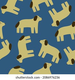 Cute modern pattern with minimalistic dogs on blue background. Vector seamless texture for kids fabric or home decor.