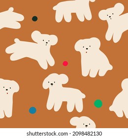 Cute modern pattern with minimalistic poodles  and colorful dots on brown background. Vector seamless texture for kids fabric or home decor.