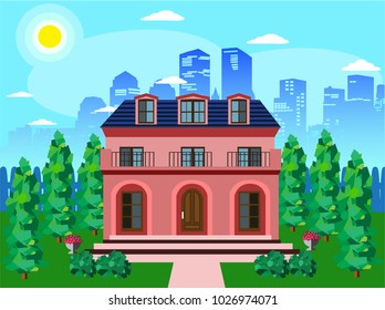 Cute modern private house facade design with trees. Stylish detailed building exterior. Front view. Flat style vector illustration.