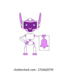 Cute modern robot with bell violet linear object. Futuristic notification service bot thin line symbol. AI smiling cyborg toy isolated outline illustration on white background