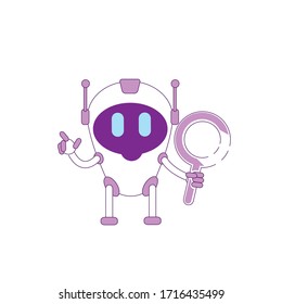 Cute modern robot with magnifying glass violet linear object. Futuristic bot searching information thin line symbol. AI cyborg isolated outline illustration on white background
