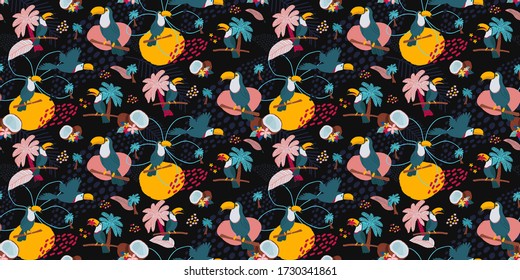 Cute and modern seamless pattern with toucans, coconut, flowers and leaves. Vector