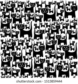 Cute and modern seamless vector pattern with black cats on white background for textile and clothing. Fashion style. Animal silhouette. Wallpaper and fabric design and decor. Vector illustration