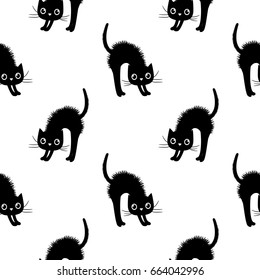 Cute and modern seamless vector pattern with black cats on white background for textile and clothing