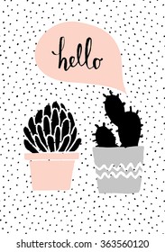 Cute and modern St. Valentine's Day greeting card template. Hand drawn cactus plants and speech bubble, dots texture background, black, white, taupe and pastel pink color palette.