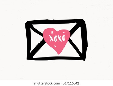 Cute and modern St. Valentine's Day greeting card template. Hand drawn envelope in black with pink heart on cream background.