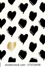 Cute and modern St. Valentine's Day greeting card template. Hand drawn heart shapes in black and golden on cream background.