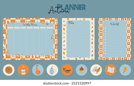 Cute modern stationery set. Printable weekly planner, notes, to do list, stickers decorated with cozy Autumn elements. Schedule for everyday planning. Flat design vector illustrations.