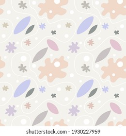 Cute and modern style geometric shapes, leaf and free forms of shapes pastel color seamless pattern with soft background