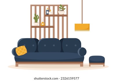 Cute modern style living room with sofa, pouffe and wooden decor in navy blue, orange and white tones. Interior and furniture collection. Scandinavian design. Vector cartoon flat illustration